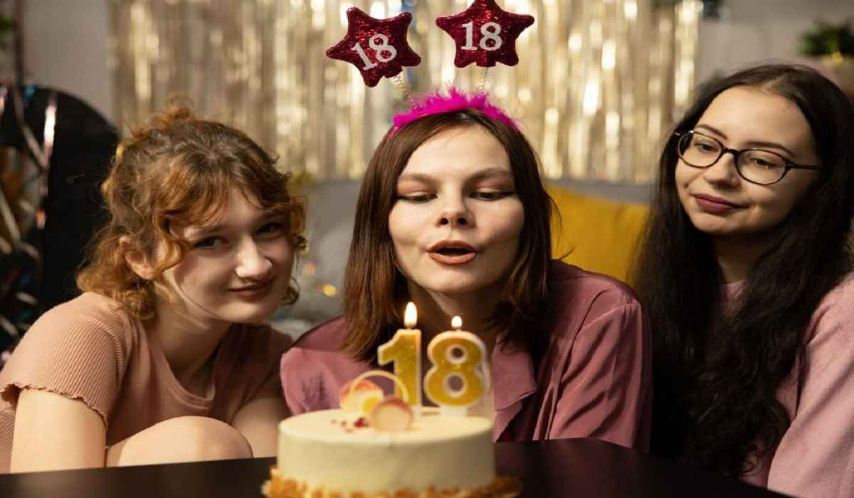 A group of excited teenagers celebrating an 18th birthday party