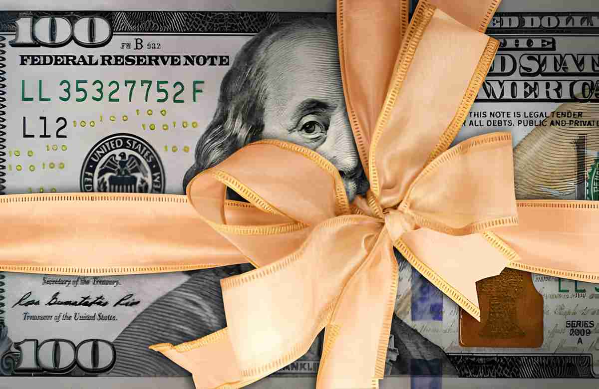 Image of a gift box with a bow made of dollar bills, asking "Money, can you gift?